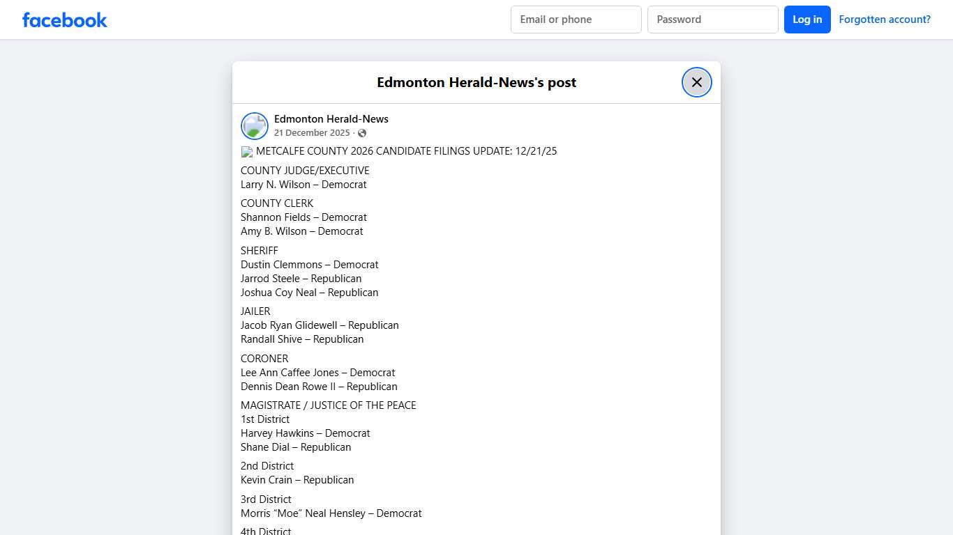 🗳️ METCALFE COUNTY 2026 CANDIDATE... - Edmonton Herald-News Facebook