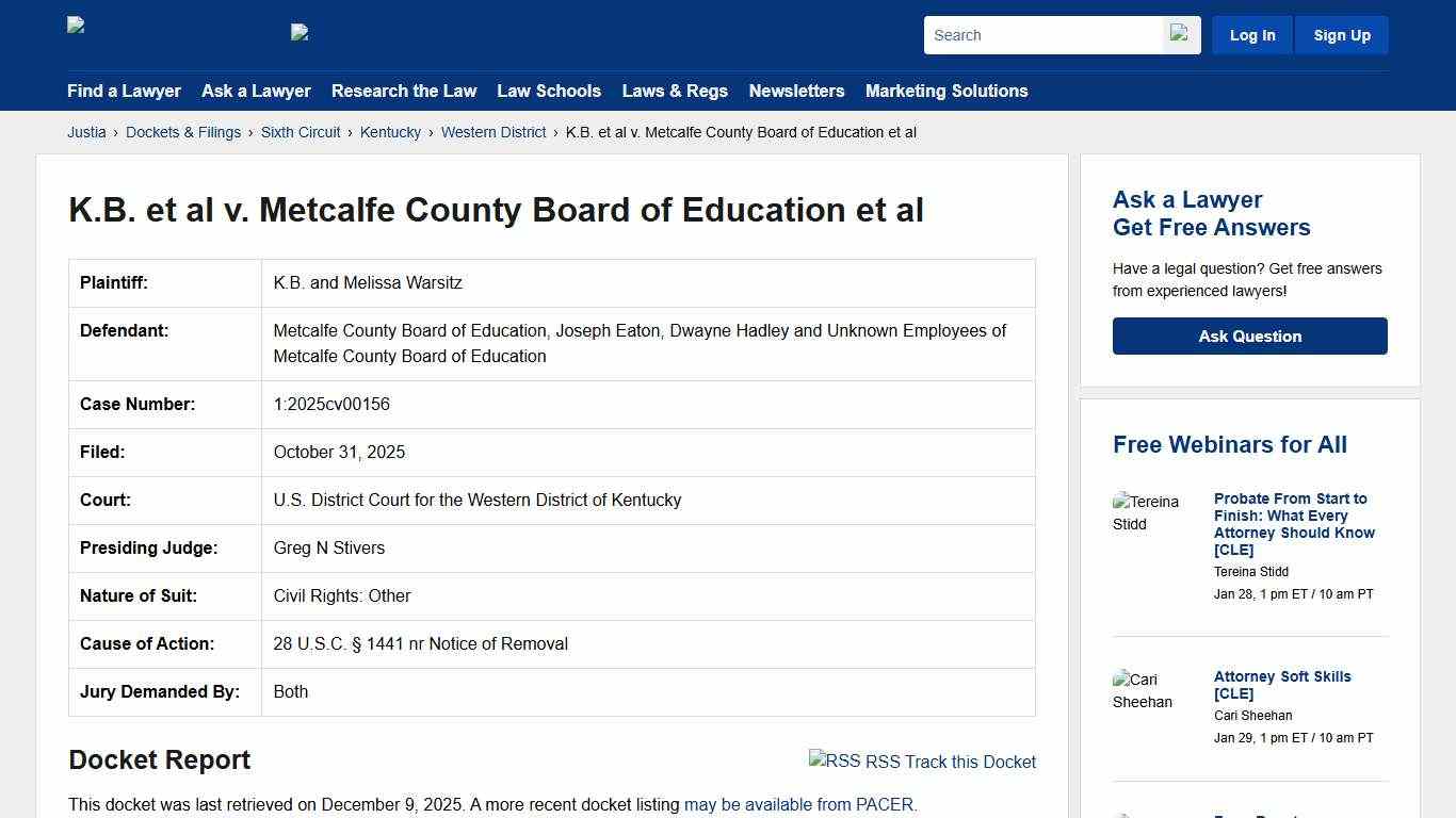 K.B. et al v. Metcalfe County Board of Education et al 1:2025cv00156 U.S. District Court for the Western District of Kentucky Justia