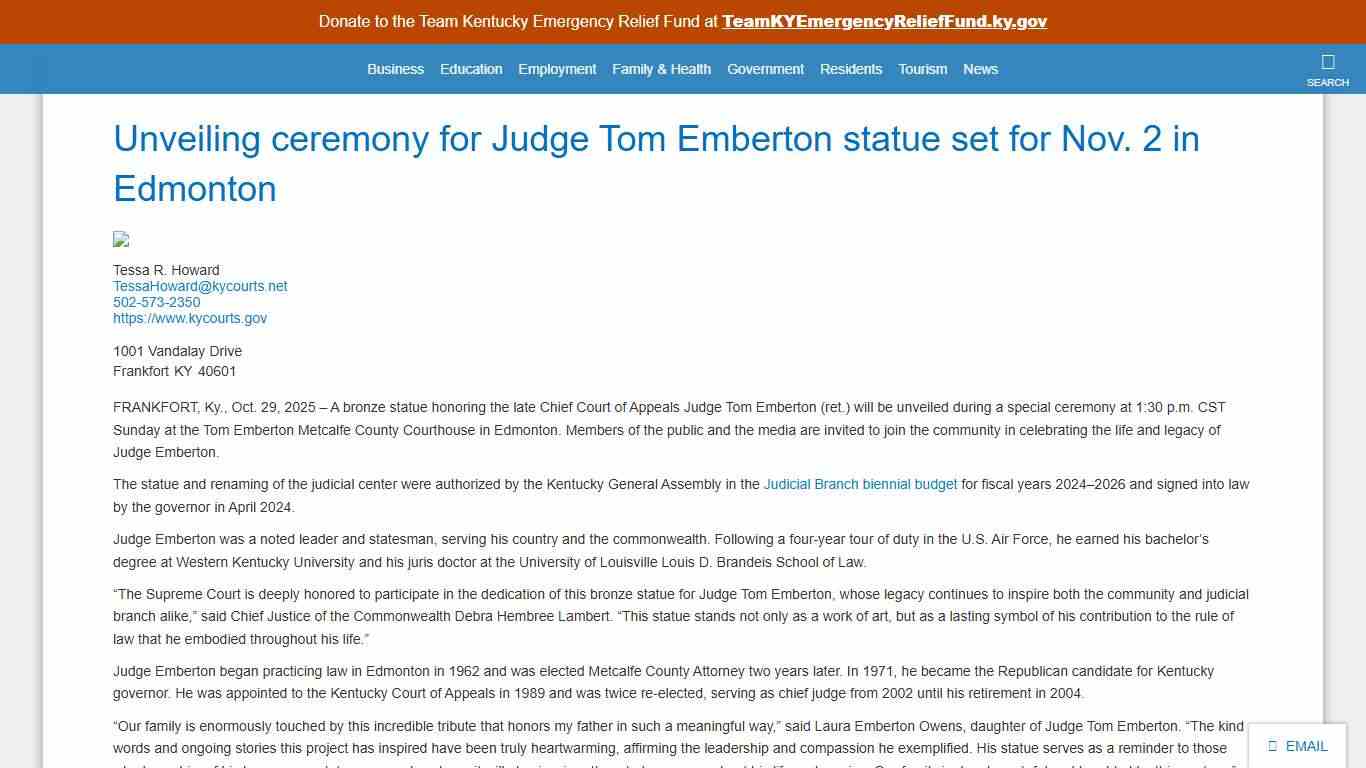 Unveiling ceremony for Judge Tom Emberton statue set ...